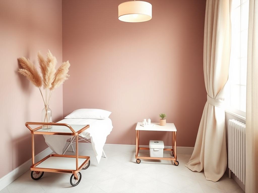 Cosy beauty atelier interior with rose-gold lash trolley