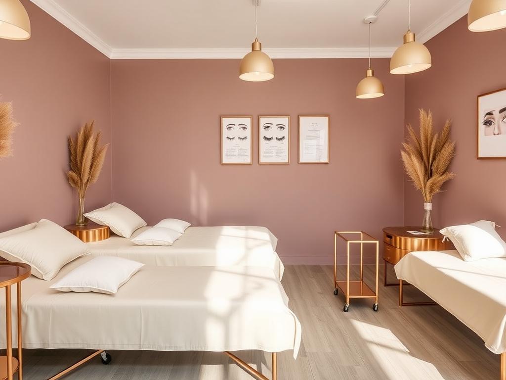 Xenoblox atelier interior with four lash beds and rose-gold trolleys