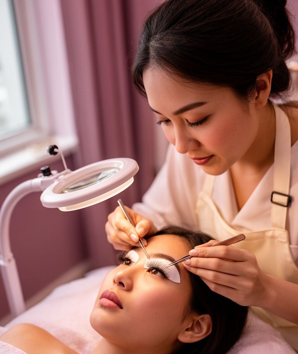 Lash artist applying Russian volume fans inside the Xenoblox atelier