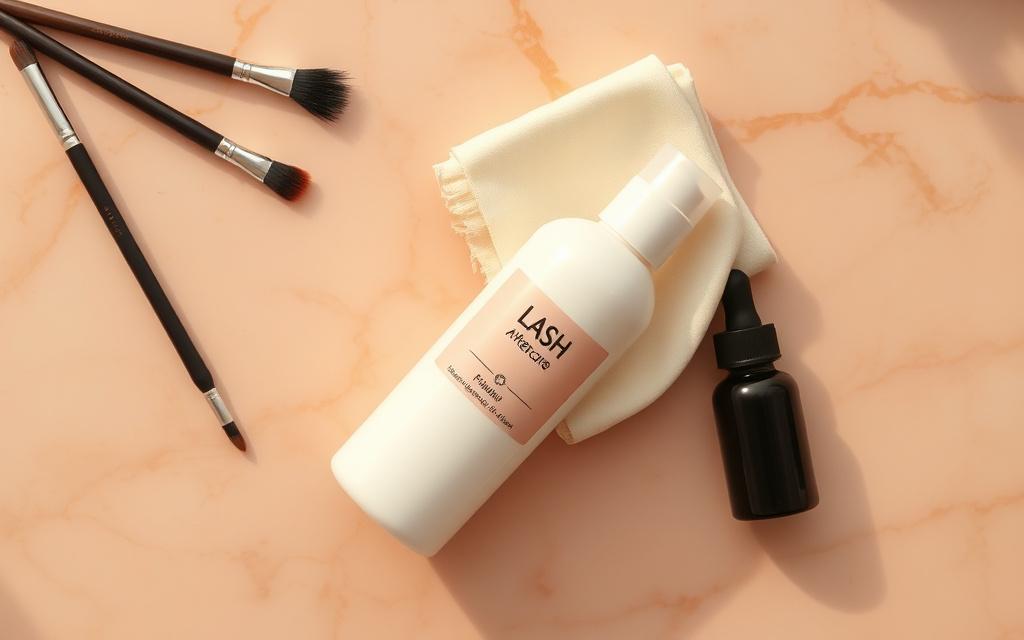 Aftercare set with lash brush and oil-free cleanser on rose-gold tray