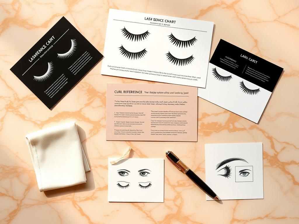 Lash mapping cards laid out on a rose-gold desk